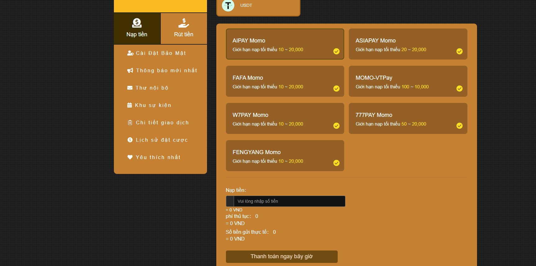 Chọn số tài khoản ví điện tử của nhà cái để chuyển tiền vào đó
